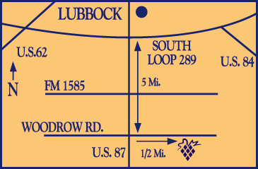 Cap*Rock Winery is 5 miles south of Lubbock Texas, one half mile east of highway 87 on Woodrow Road